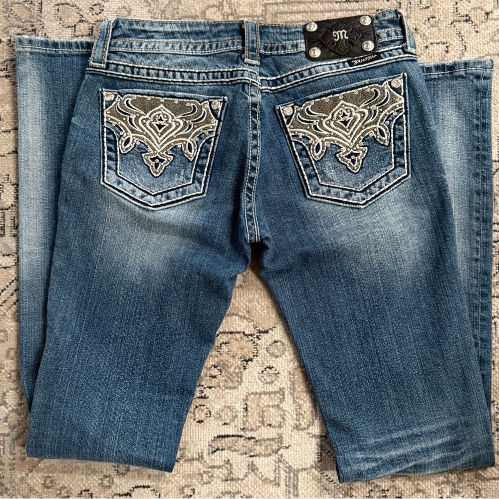 Miss Me Blue Boot Cut Jeans with Silver Embroidery